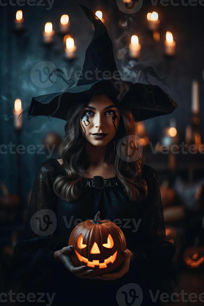 Beautiful woman wearing halloween costume with pumpkin made with photo