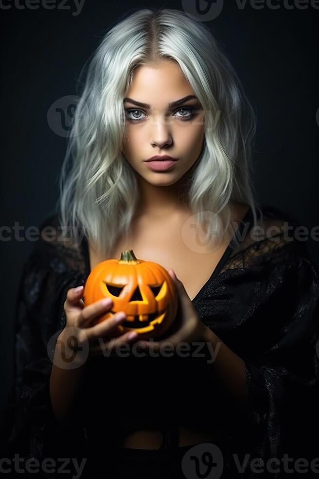 hermosa mujer vistiendo Víspera de Todos los Santos disfraz con calabaza hecho con generativo ai foto