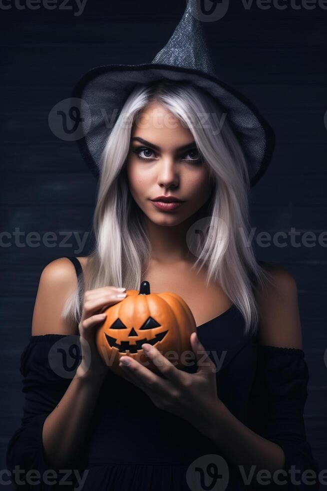 Beautiful woman wearing halloween costume with pumpkin made with photo