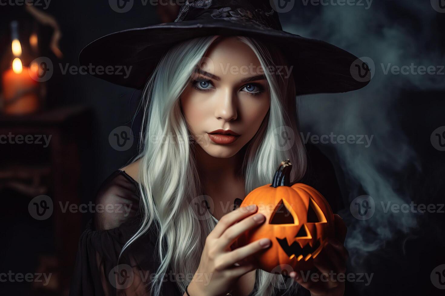 Beautiful woman wearing halloween costume with pumpkin made with photo