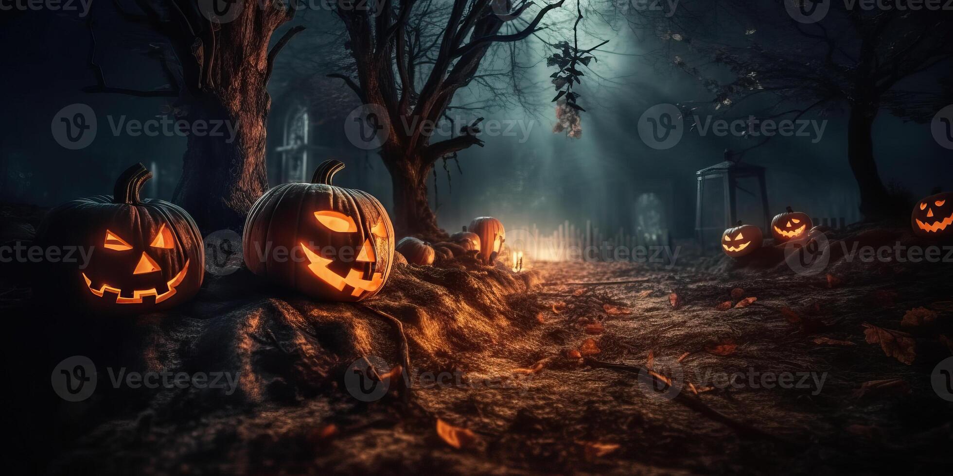 Illustration Jack o Lanterns around a spooky cemetery made with photo