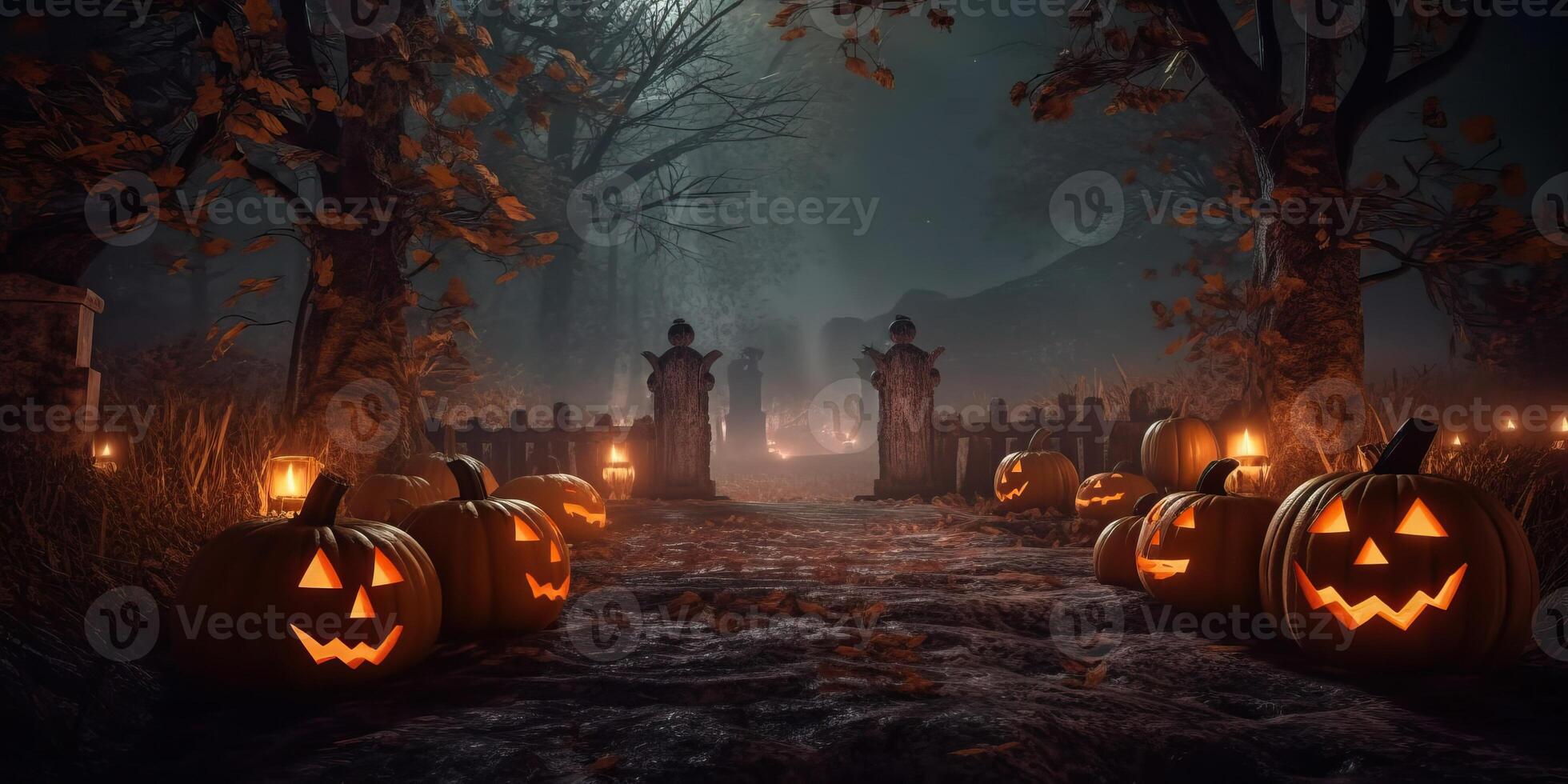 Illustsration Jack o Lanterns around a spooky cemetery made with photo
