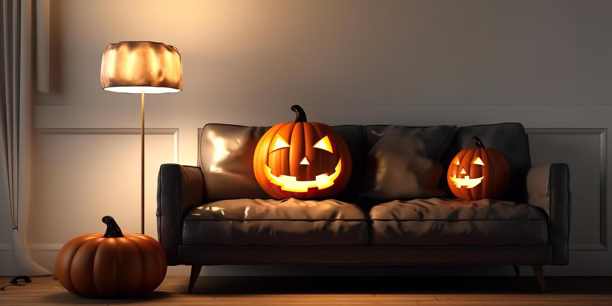 ilustración Jack o linternas en vivo habitación con sofá y lámpara hecho con generativo ai foto