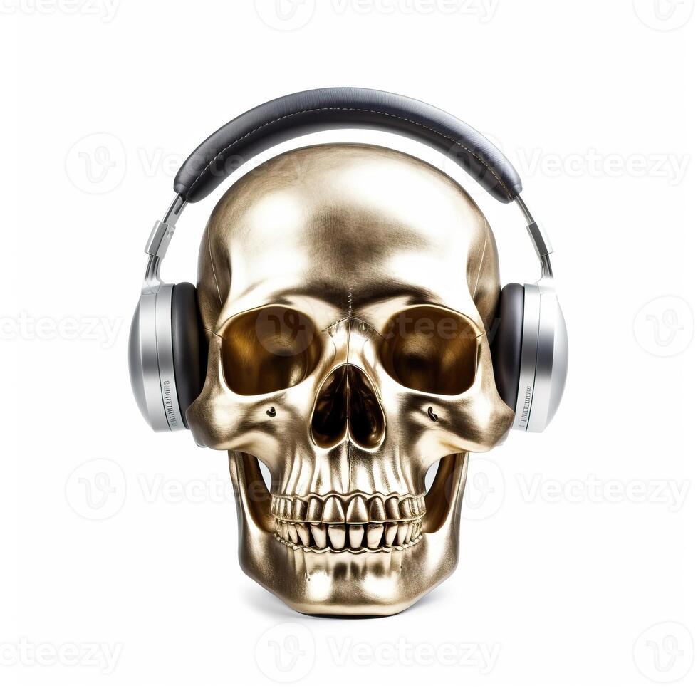 Illustration skull wearing headphone isolated on white made with photo