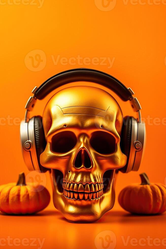 Illustration skull wearing headphone on orange background made with photo