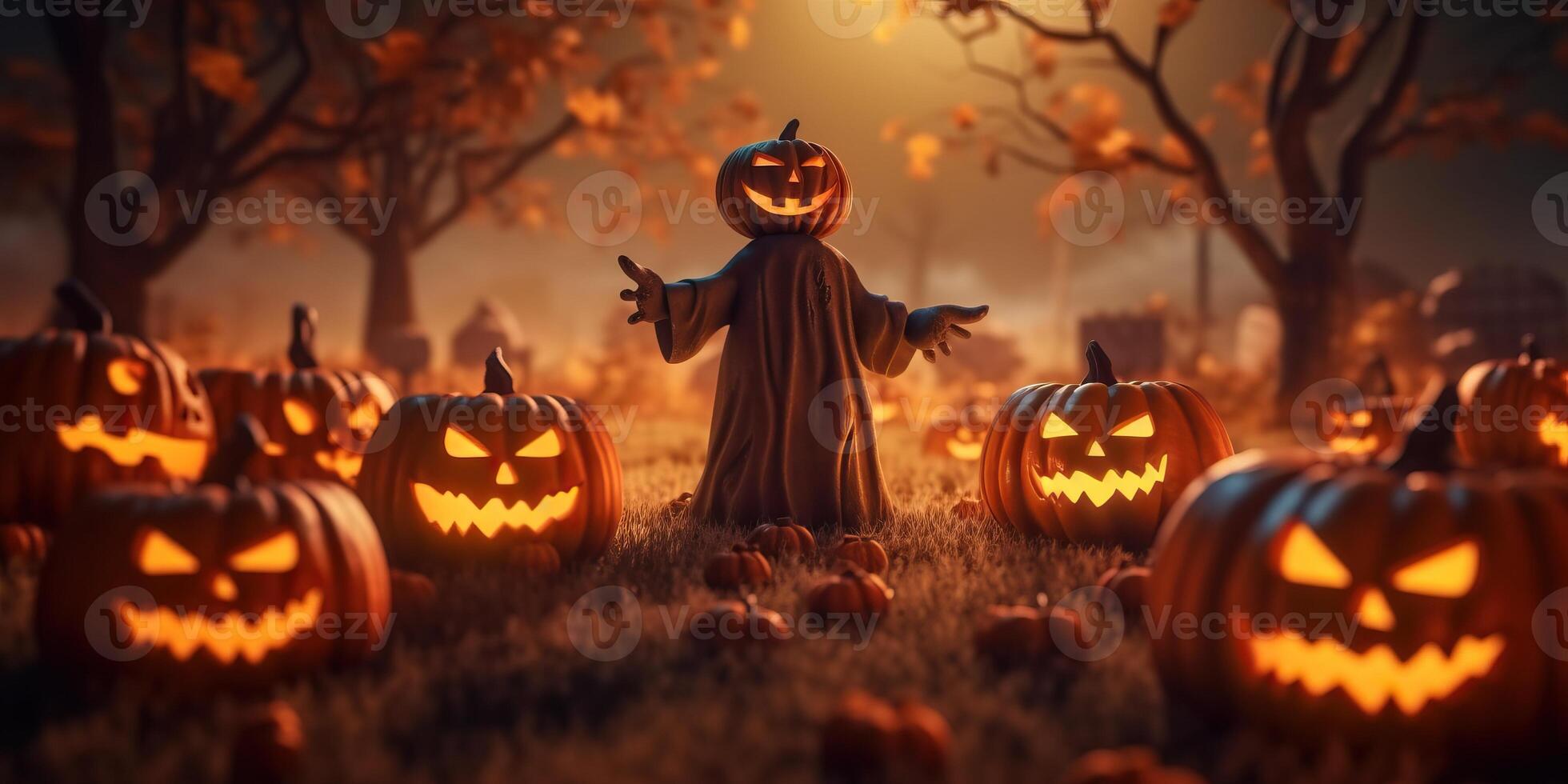 Illustsration Jack o Lanterns around a spooky cemetery made with photo