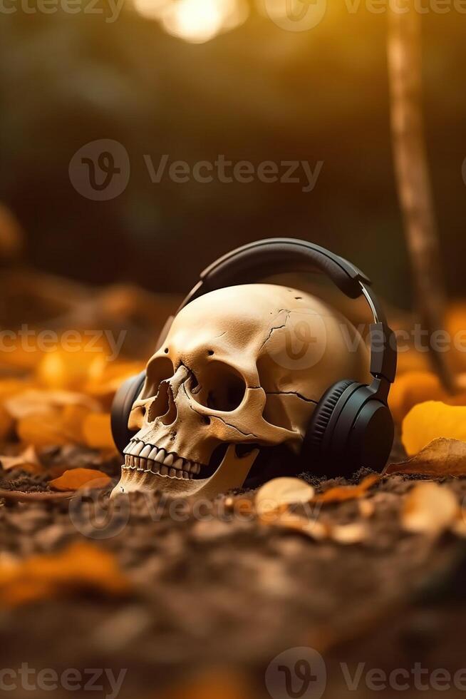 Illustration skull wearing headphone made with photo