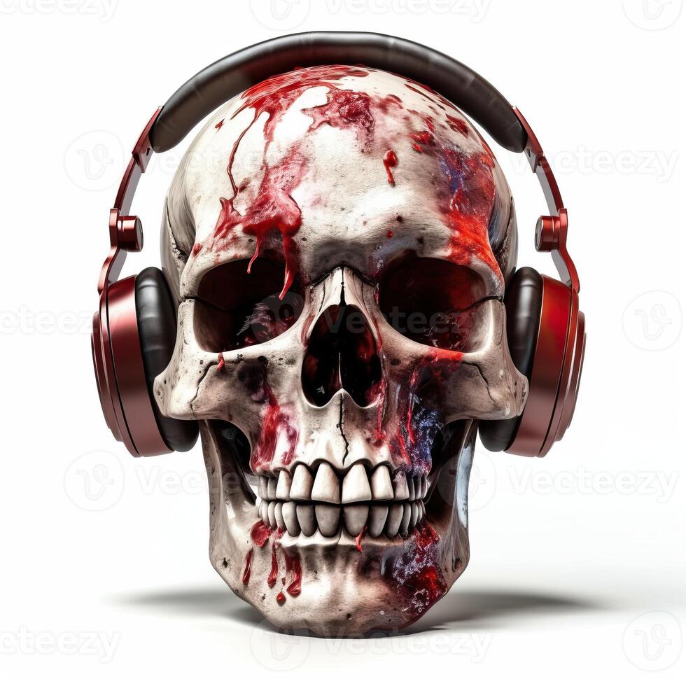 Illustration skull wearing headphone isolated on white made with photo