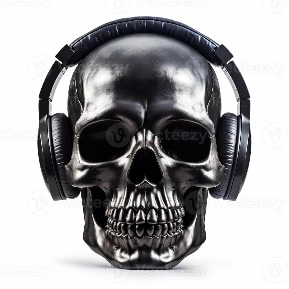 Illustration skull wearing headphone isolated on white made with photo