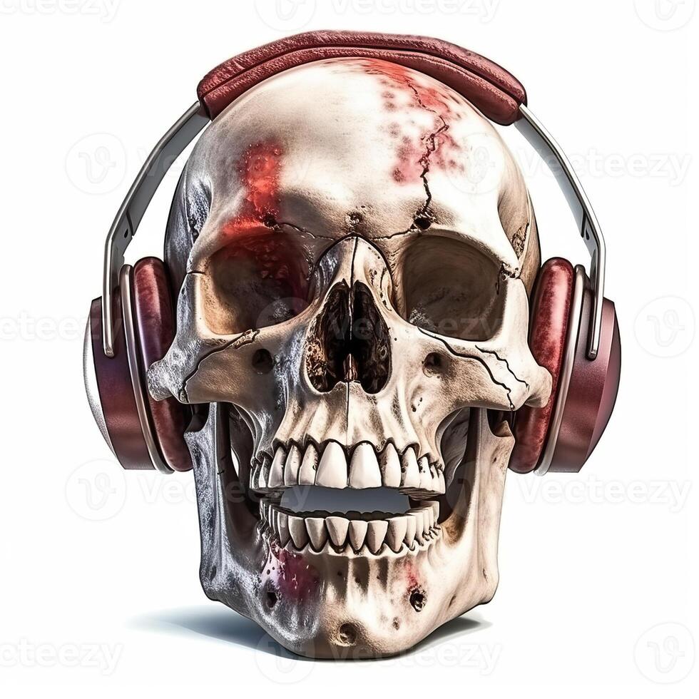 Illustration skull wearing headphone isolated on white made with photo