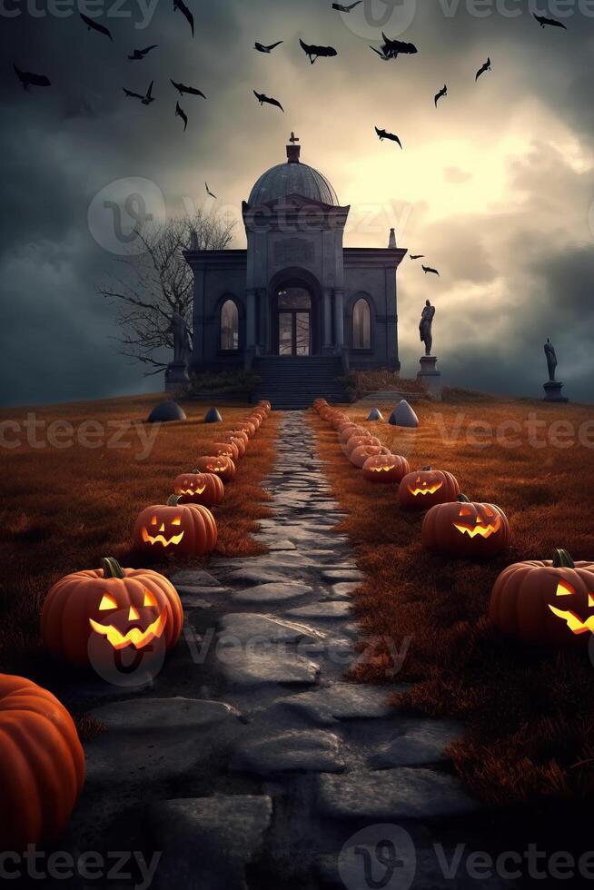 Illustration jack o lanterns around the path to the castle made with photo