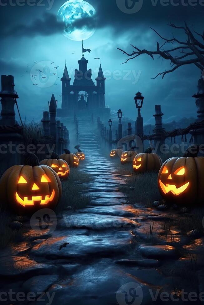 Jack o linternas alrededor el la carretera a el de miedo castillo hecho con generativo ai foto