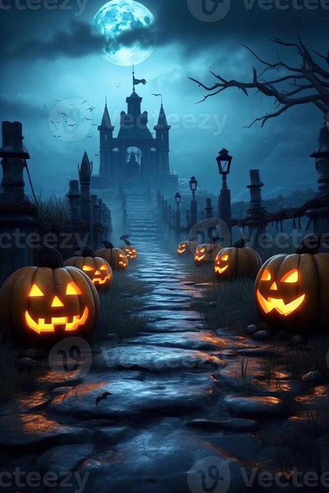 Jack o Lanterns around the road to the scary castle made with photo