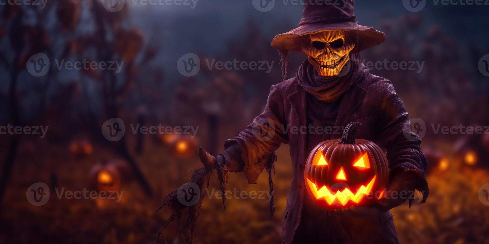Scary scarecrow on the meadow with light exposure made with photo