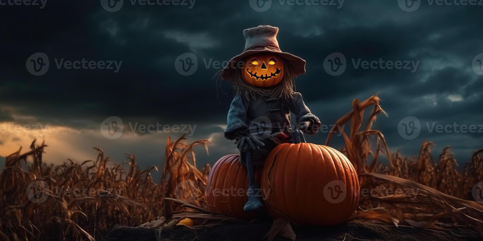 Scary scarecrow on the meadow with light exposure made with photo