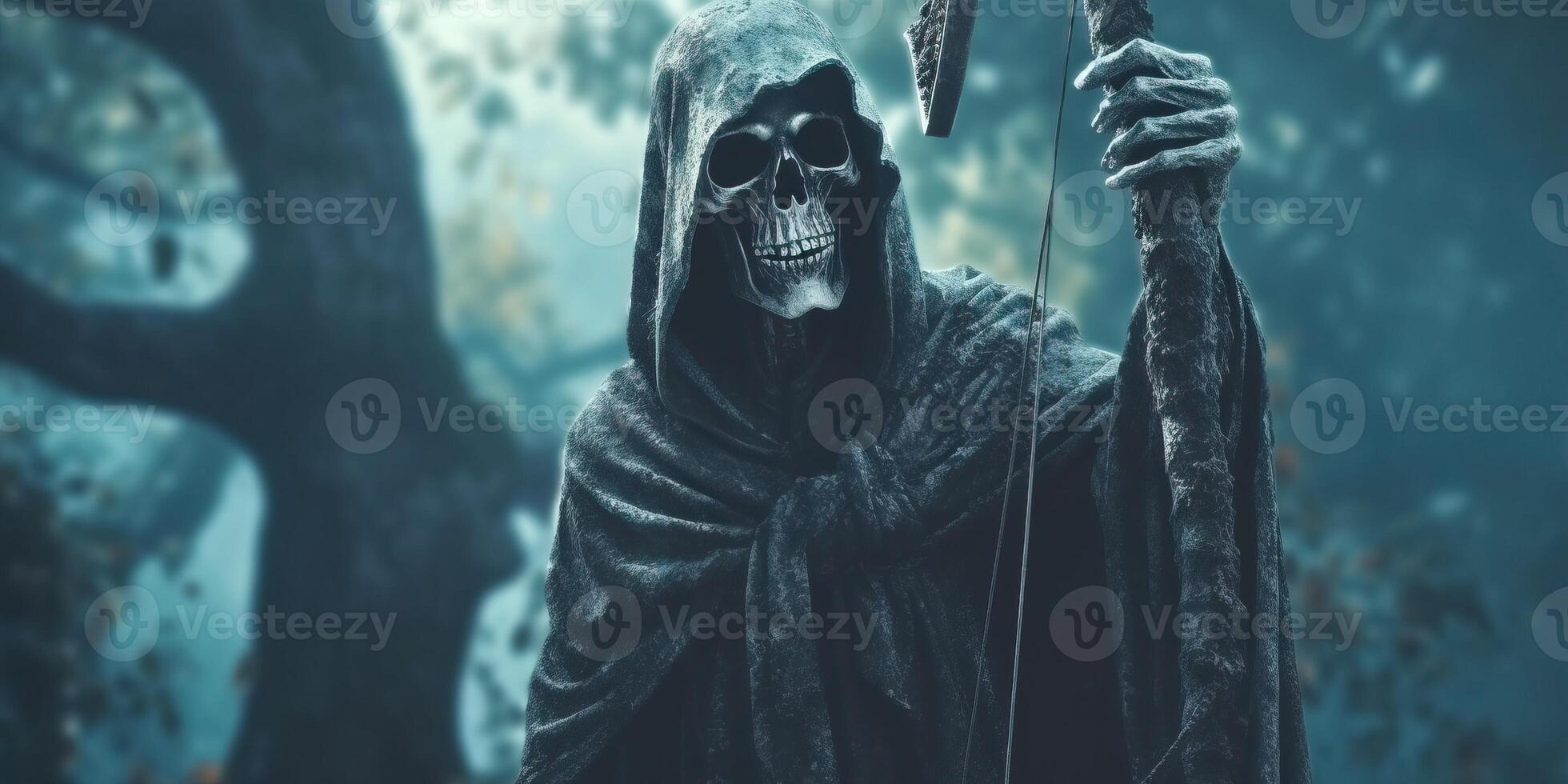 Scary grim reaper with pumpkin made with photo