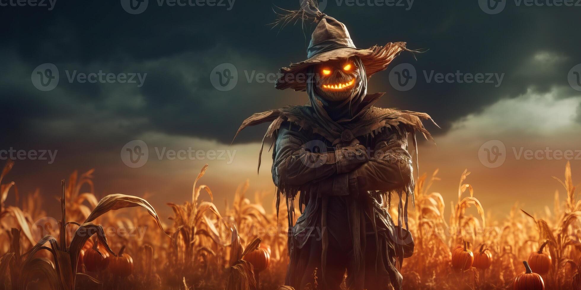 Scary scarecrow on the meadow with light exposure made with photo