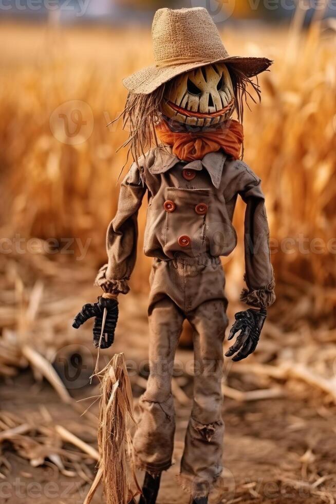 Scary scarecrow on the meadow with light exposure made with photo