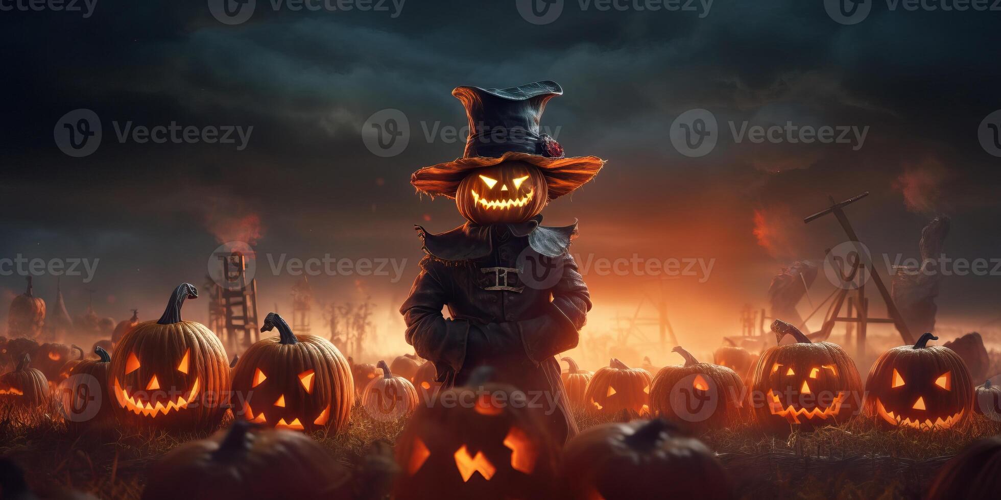 Scary scarecrow on the meadow with light exposure made with photo
