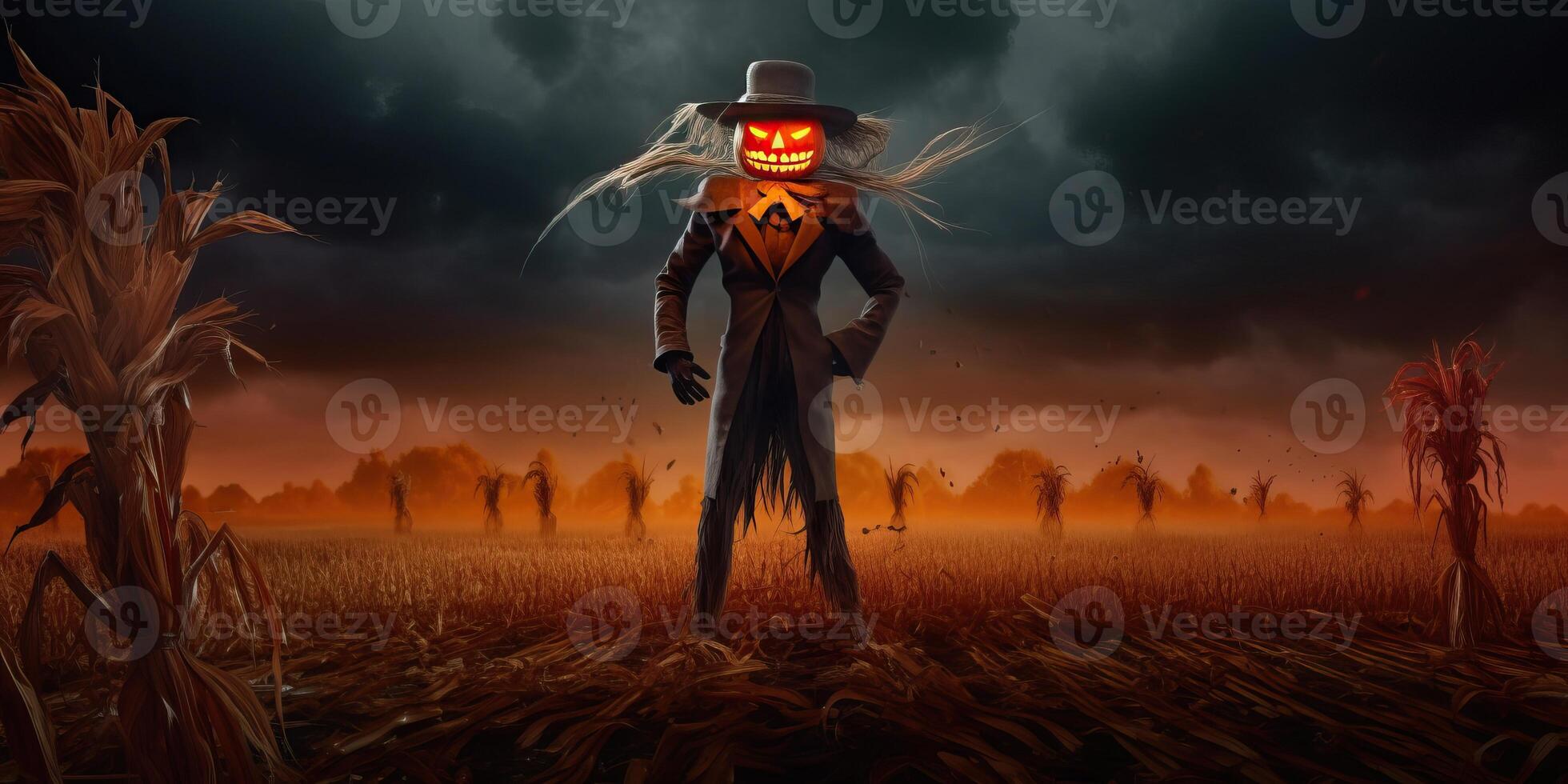 Scary scarecrow on the meadow with light exposure made with photo