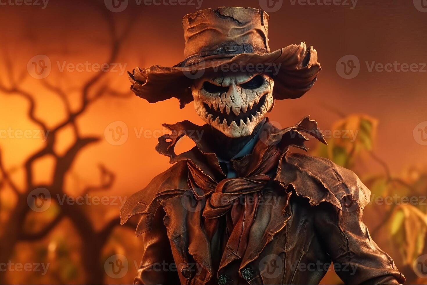 Scary scarecrow on the meadow with light exposure made with photo