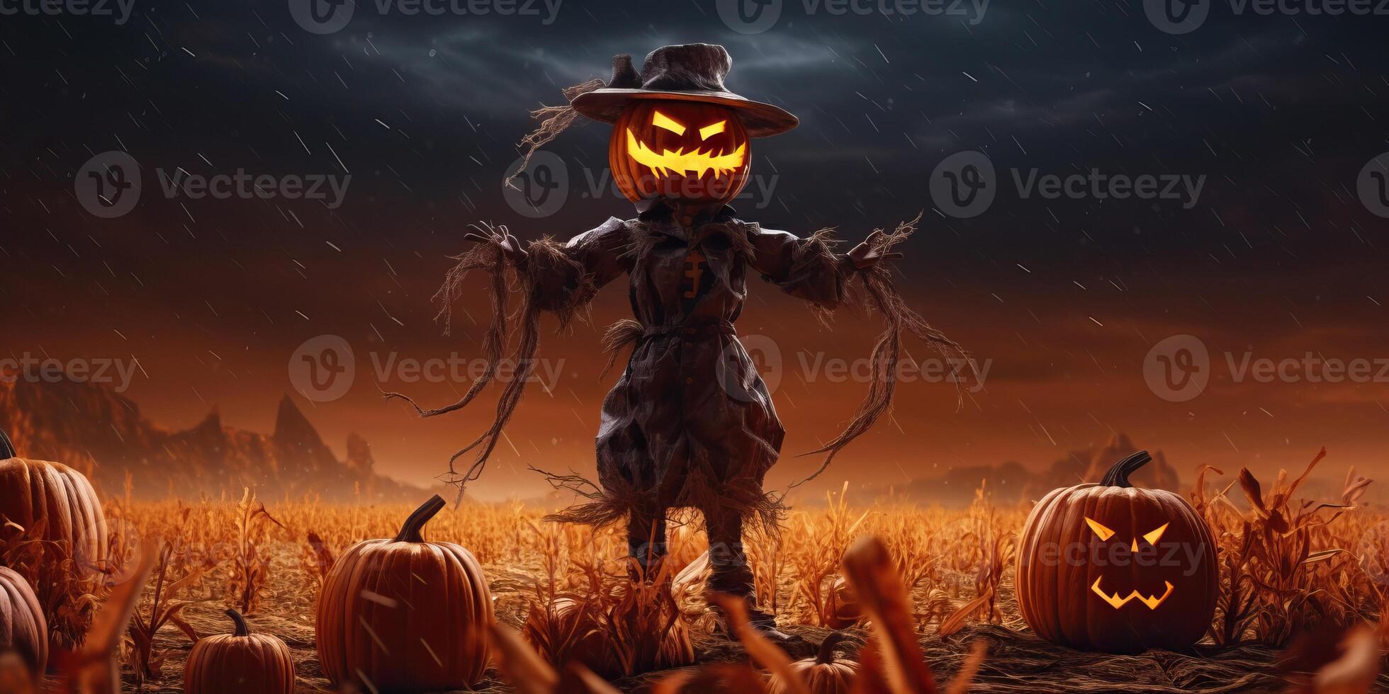 Scary scarecrow on the meadow with light exposure made with photo