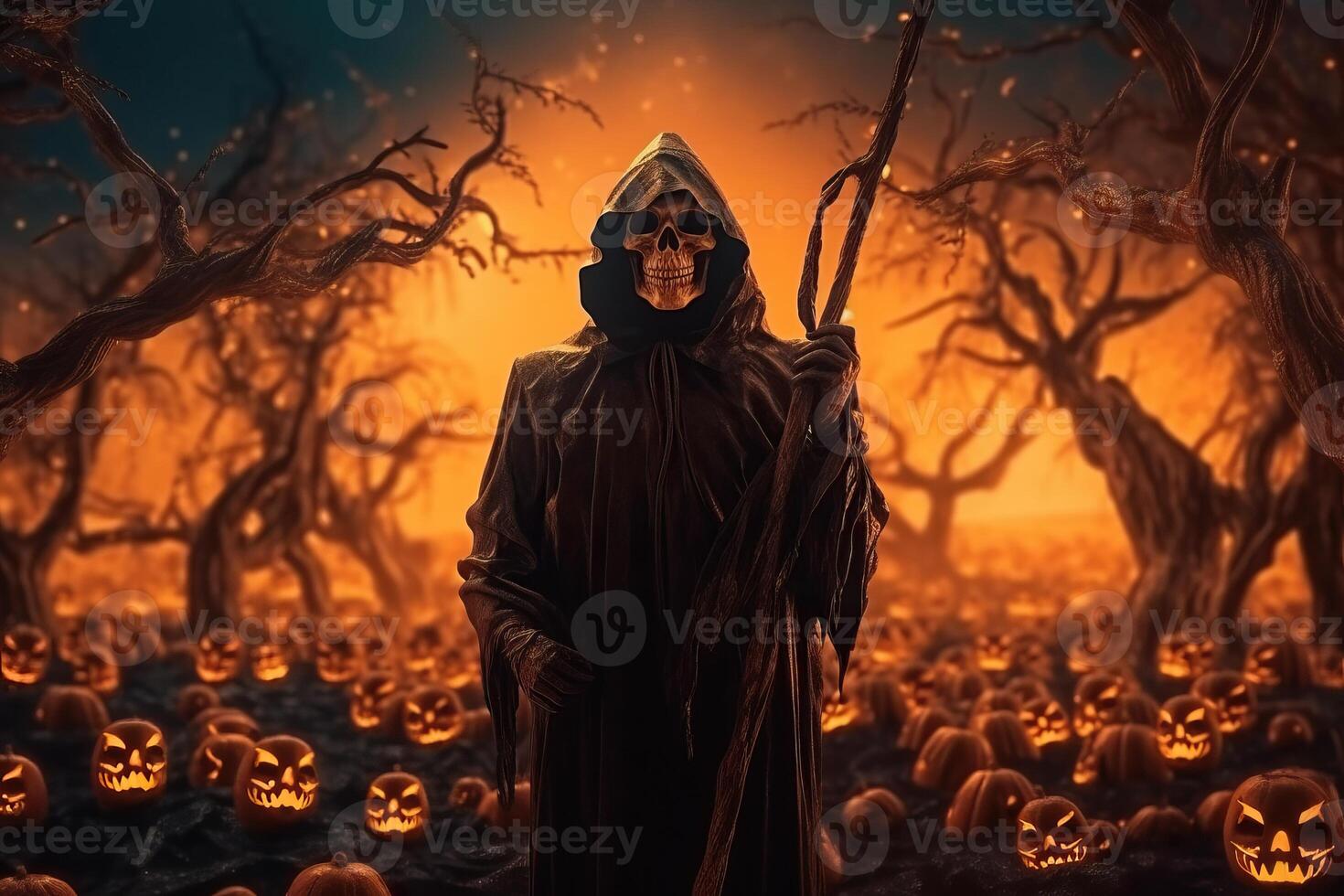 Scary grim reaper with pumpkin made with photo