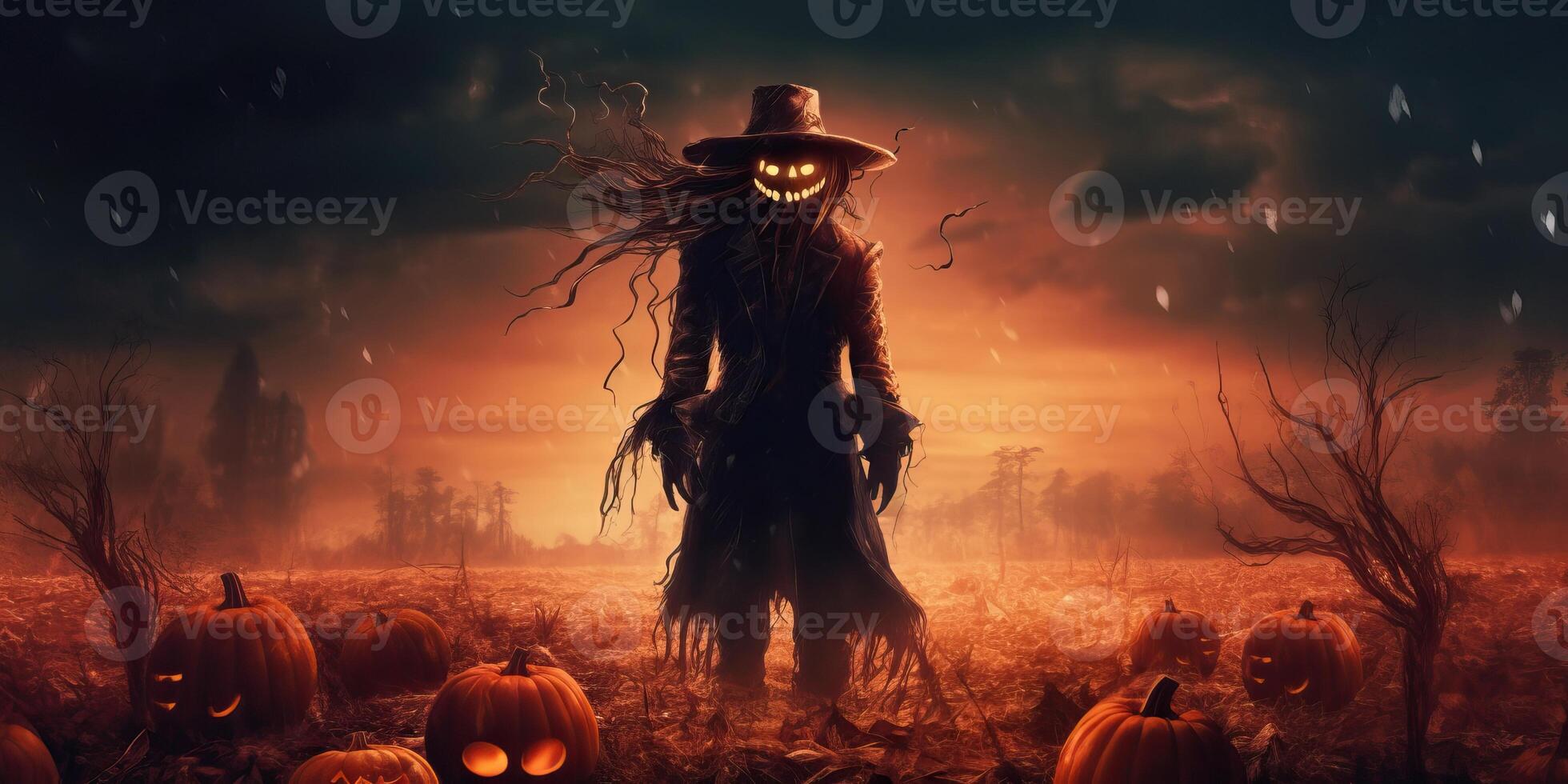 Scary scarecrow on the meadow with light exposure made with photo