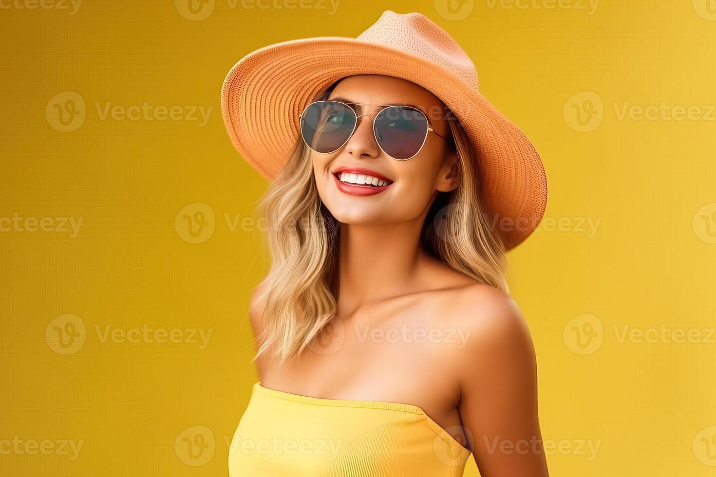 Portrait beautiful woman wearing sunglasses and hat smiling confident