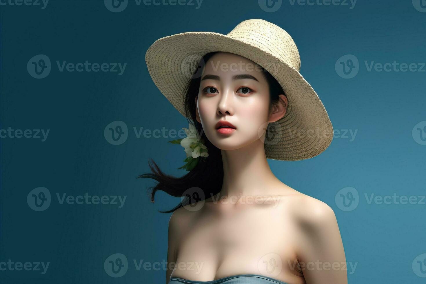 Portrait asian woman wearing straw hat made with Generative AI photo