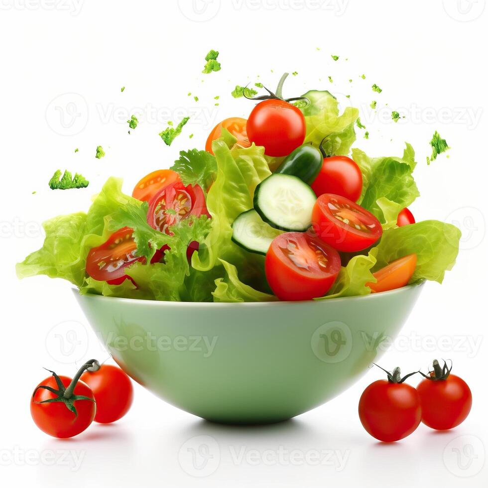 Fresh vegetable salad in green bowl and tomatoes isolated on white made with Generative AI photo