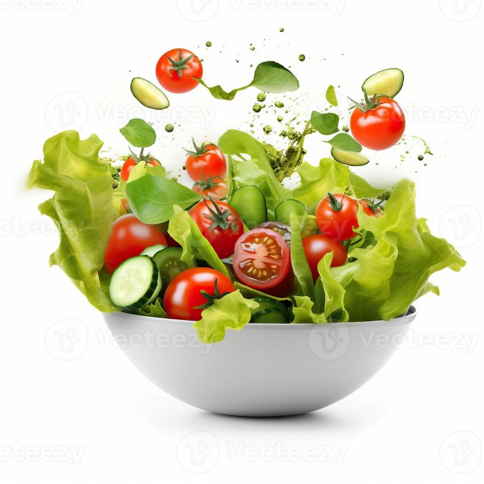 Fresh vegetable salad in green bowl and tomatoes isolated on white made with Generative AI photo