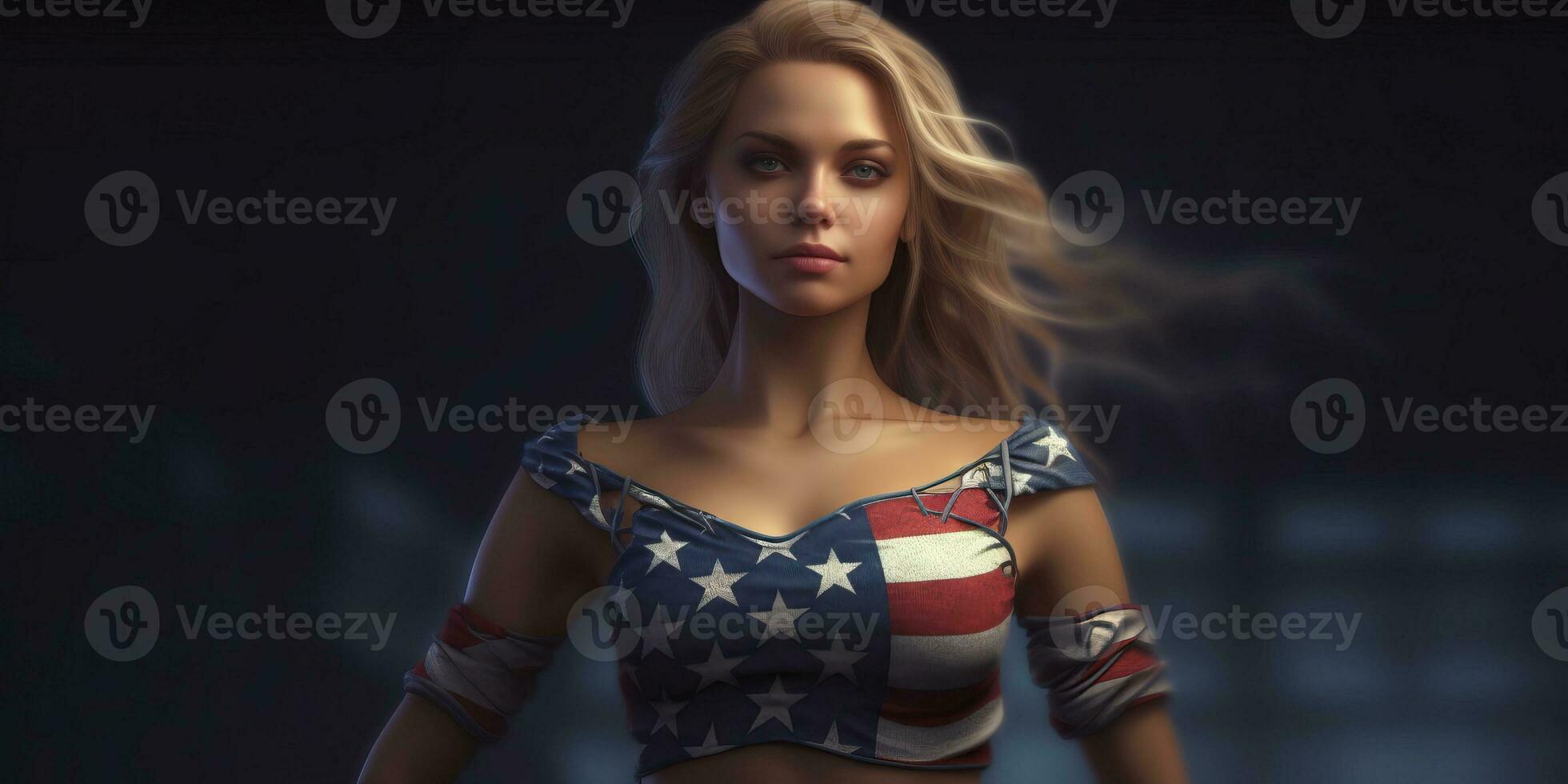 mujer con americano bandera en su cofre hecho con generativo ai foto