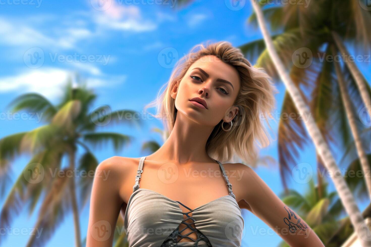 Portrait beautiful woman on the beach with light exposure made with photo