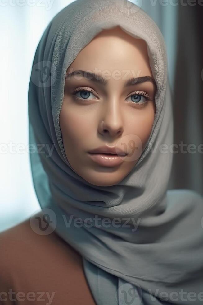 Portrait beautiful woman wearing hijab with light exposure made with photo