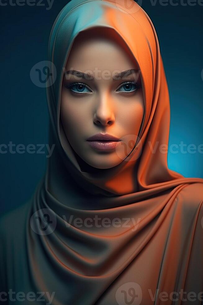 Portrait beautiful woman wearing hijab with light exposure made with Generative AI photo