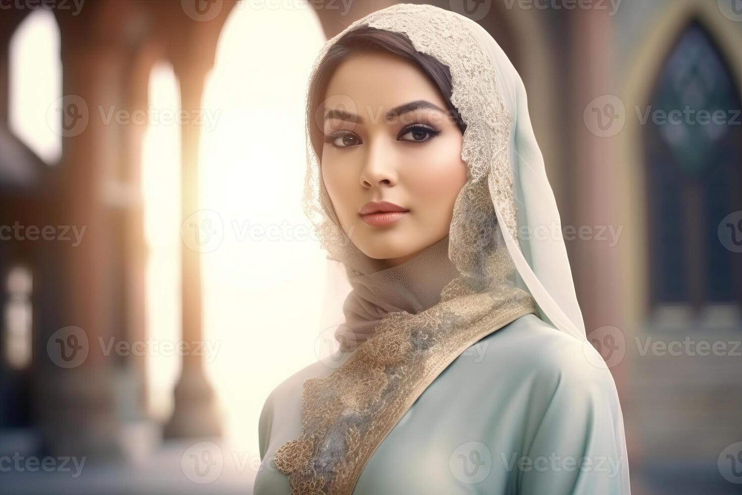 Portrait beautiful woman wearing hijab with light exposure made with photo