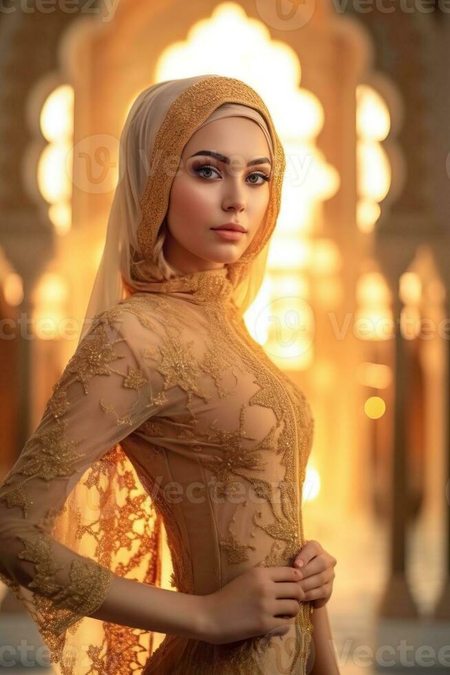 retrato hermosa mujer vistiendo hijab con ligero exposición hecho con generativo ai foto