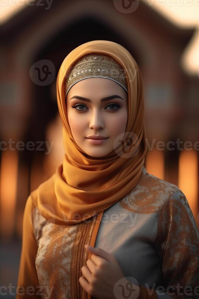 Portrait beautiful woman wearing hijab with light exposure made with photo