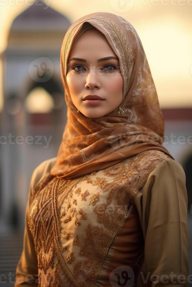 Portrait beautiful woman wearing hijab with light exposure made with Generative AI photo