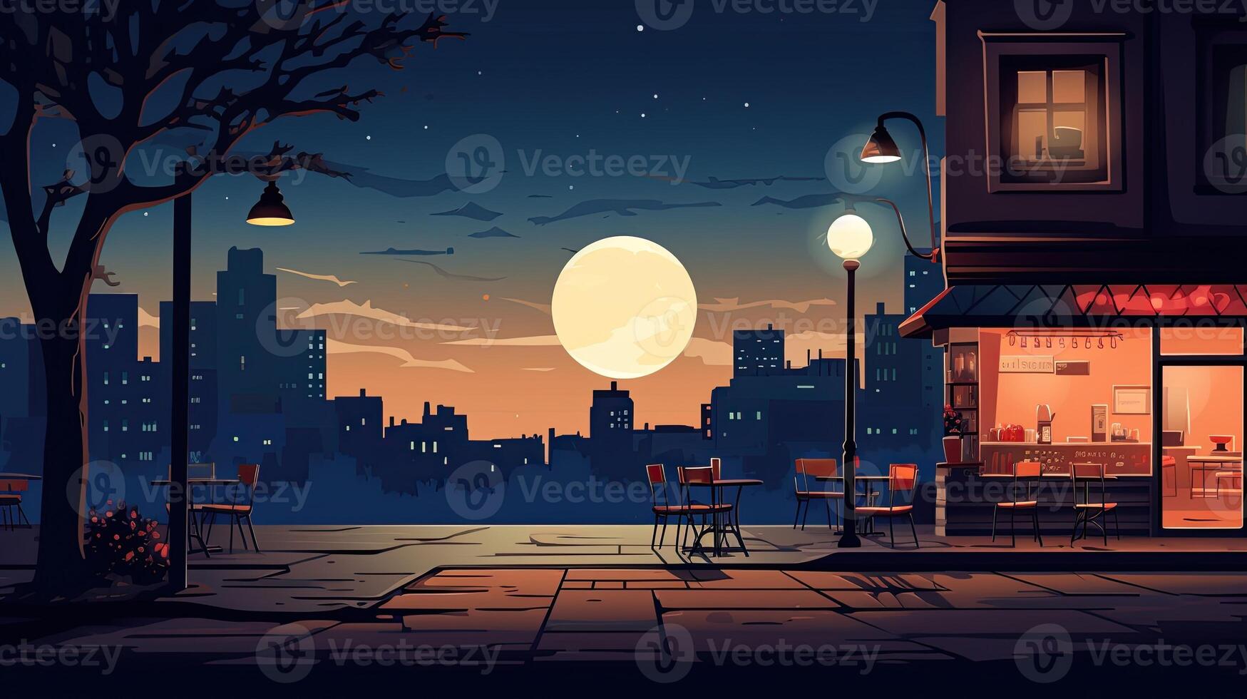 Illustration cafe on the street night made with photo