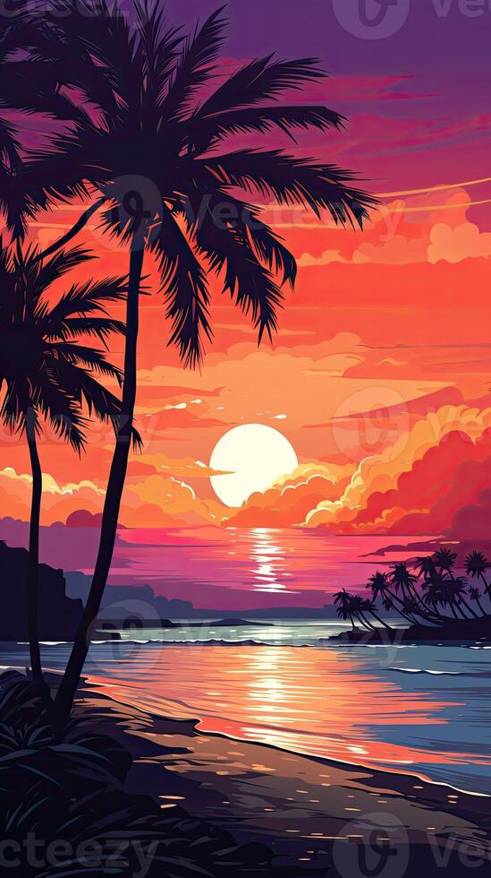 Illustration evening on the beach with palm trees background made with photo