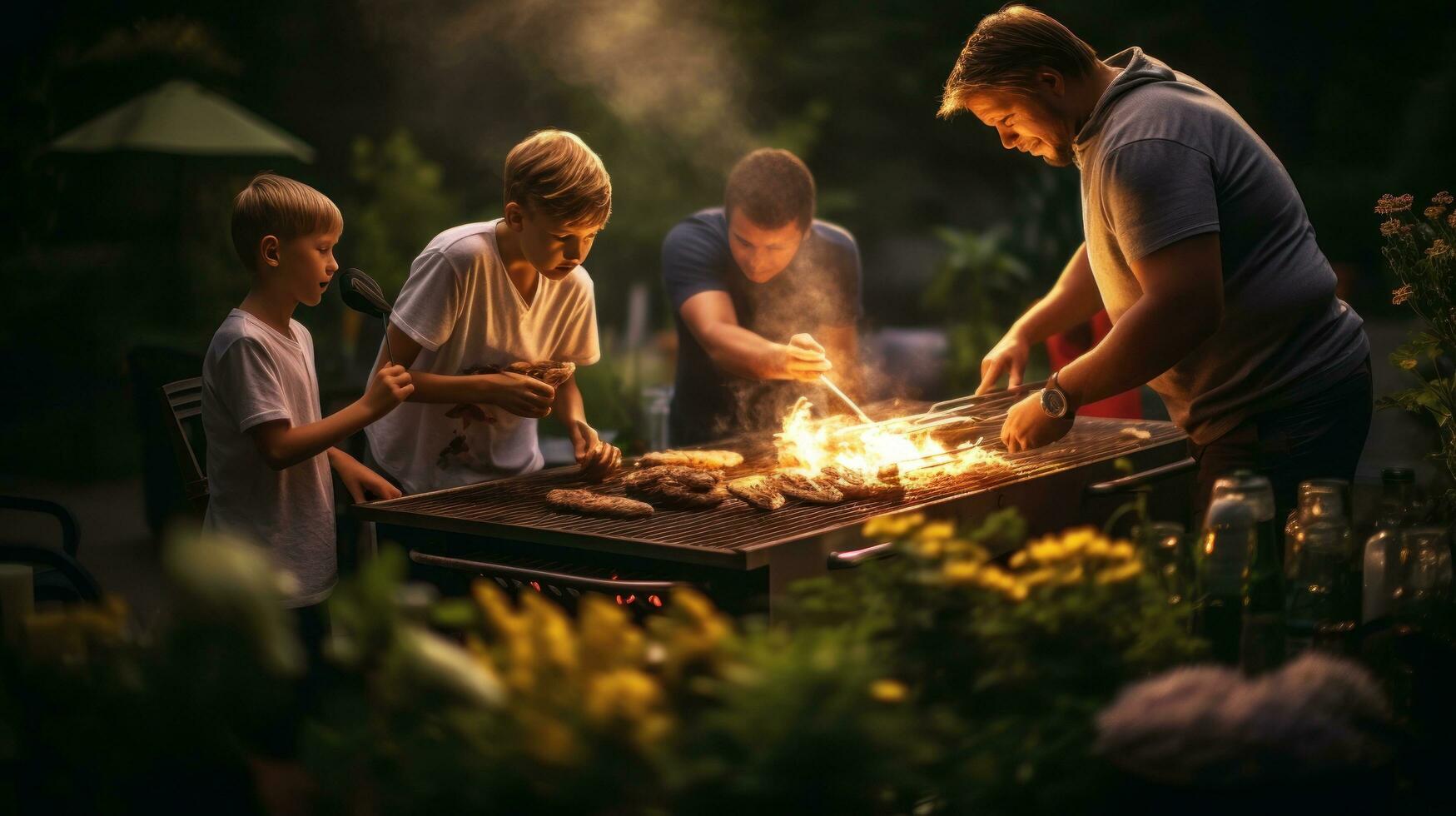 Young family is grilling at the barbecue photo