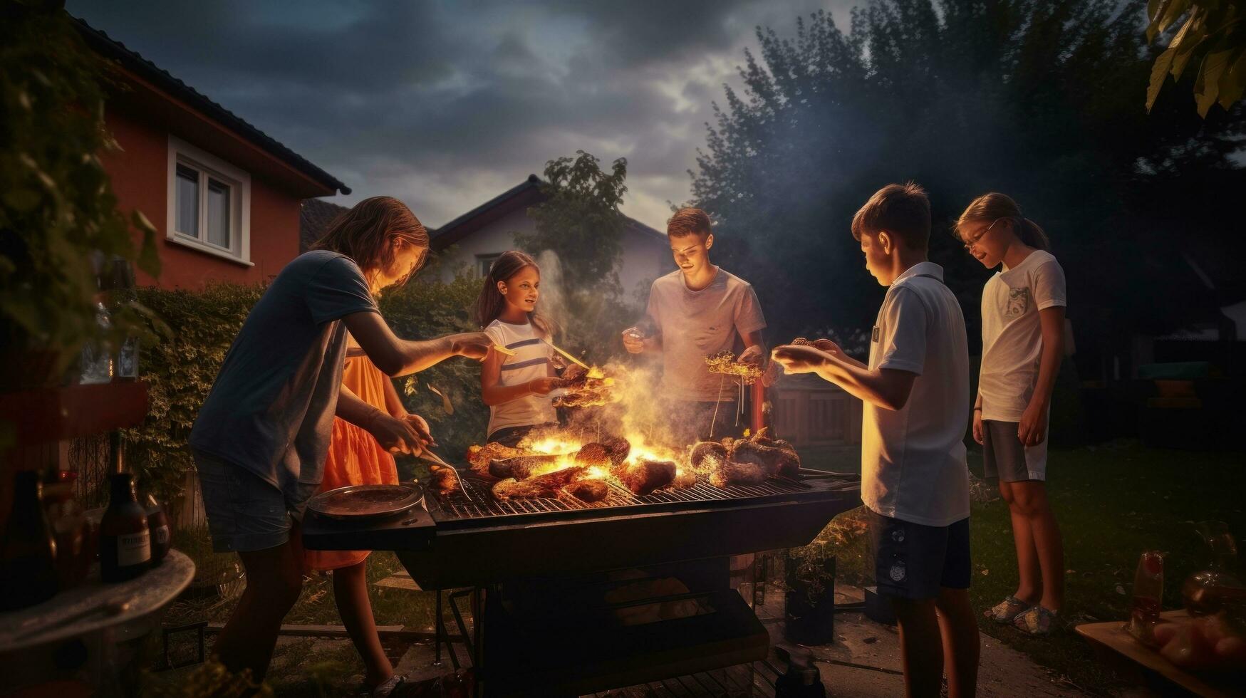 Young family is grilling at the barbecue photo