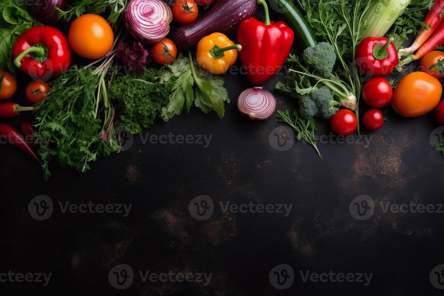 Fresh Vegetables on Chalk Background. photo