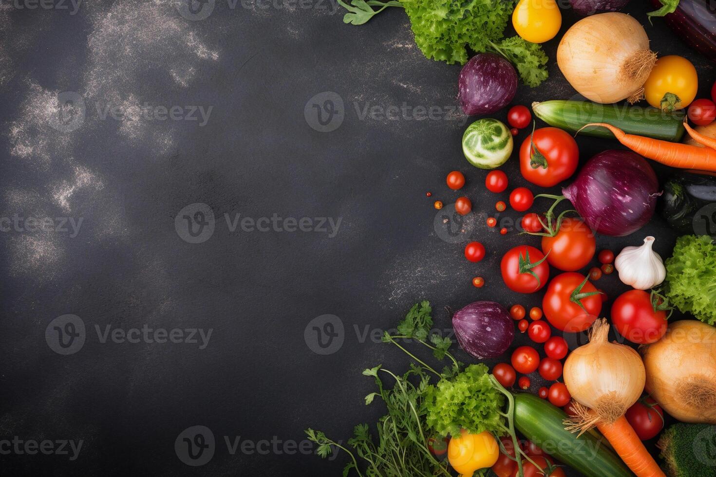 Fresh Vegetables on Chalk Background. photo