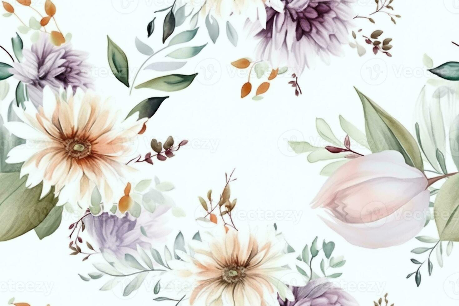 Watercolor Flowers Seamless Pattern. Ai generative photo