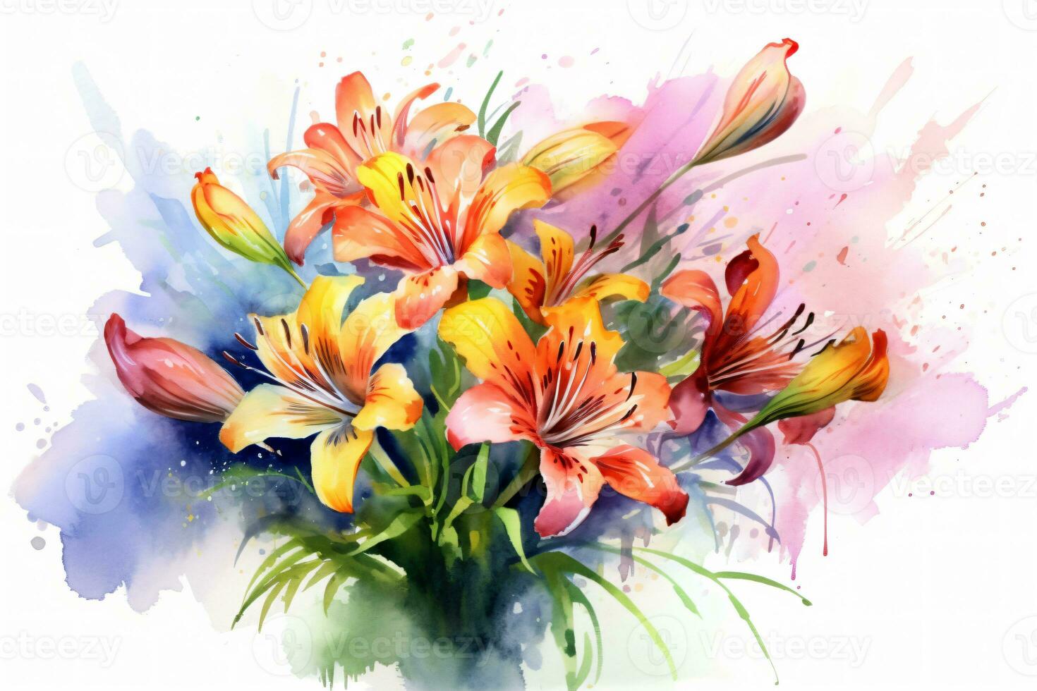 Watercolor Alstroemeria Flowers Painting Art. Ai generative photo