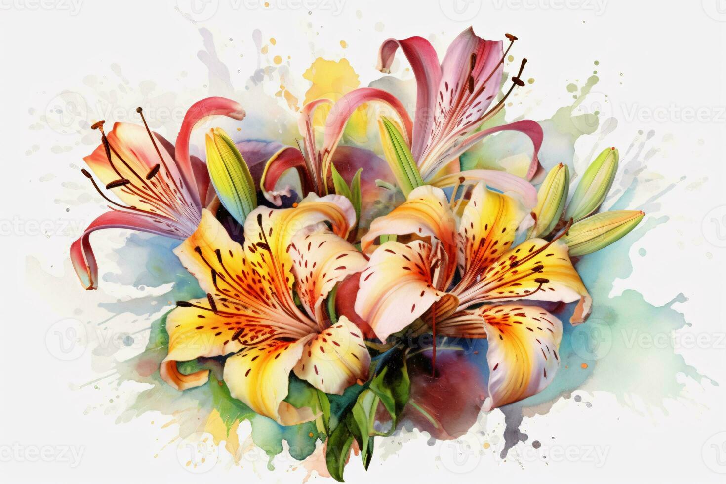Watercolor Alstroemeria Flowers Painting Art. Ai generative photo