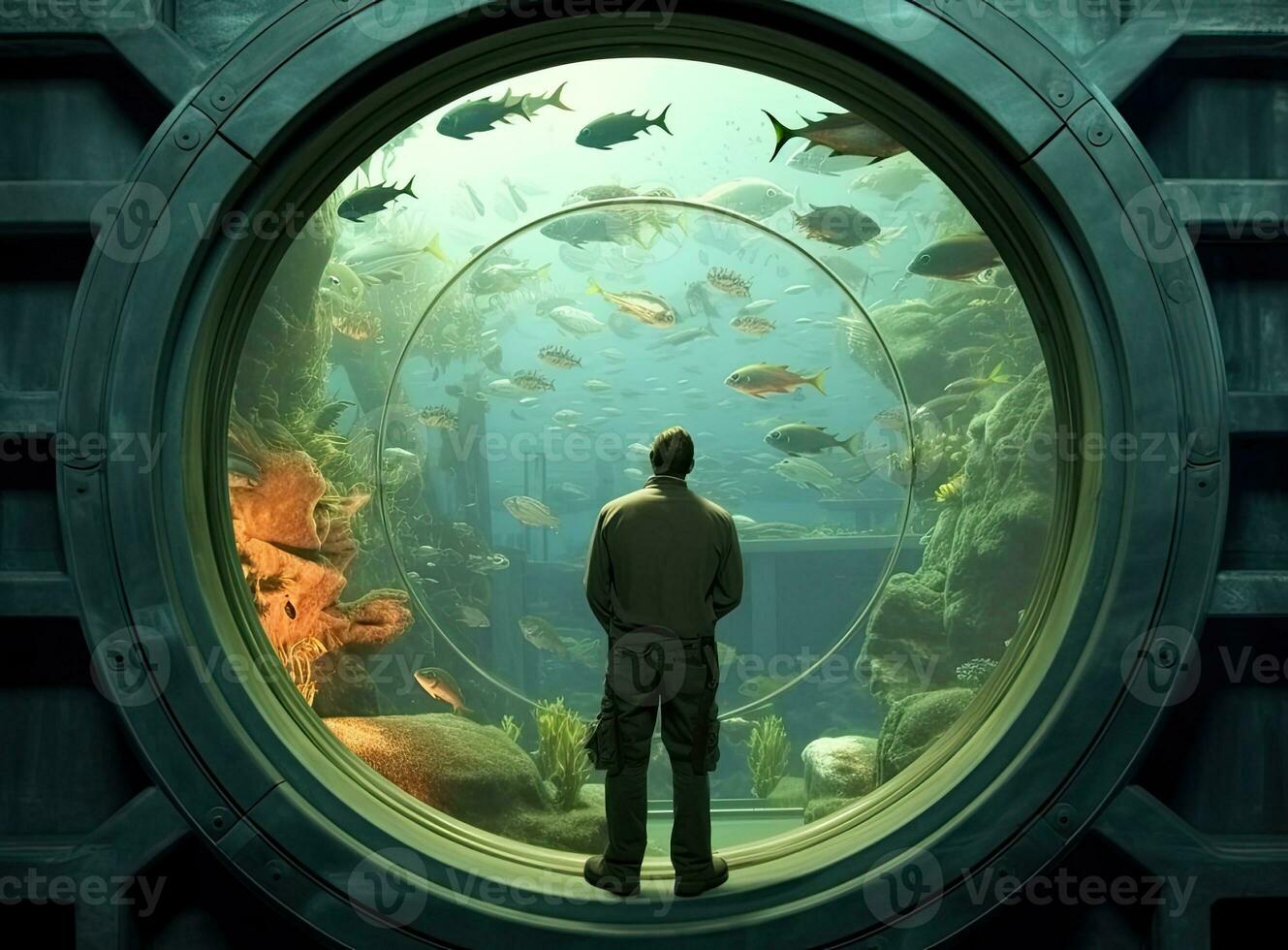Man watching underwater world through round window in aquarium Created with Generative AI technology. photo